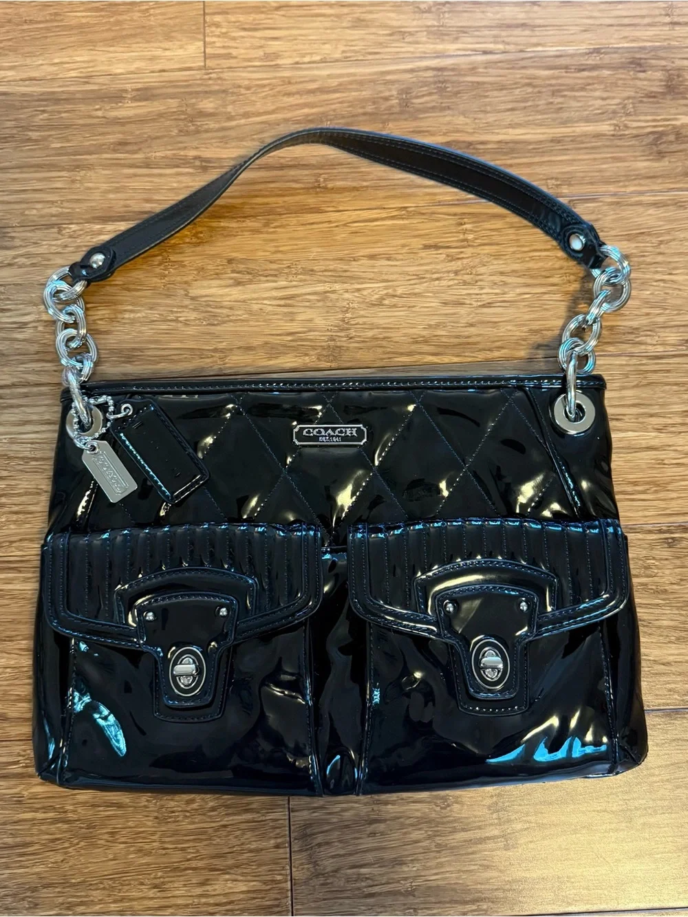 Coach Black Patent Leather Shoulder Bag with Chain-Accent Strap